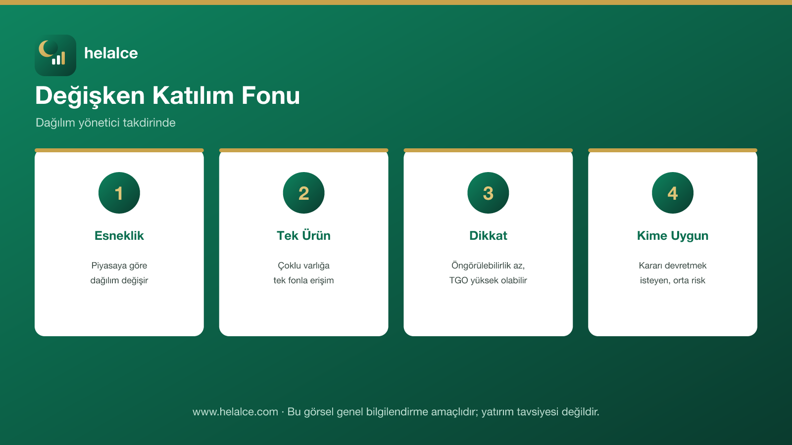 Değişken katılım fonu infografiği: esneklik, tek ürün, dikkat noktaları ve kime uygun