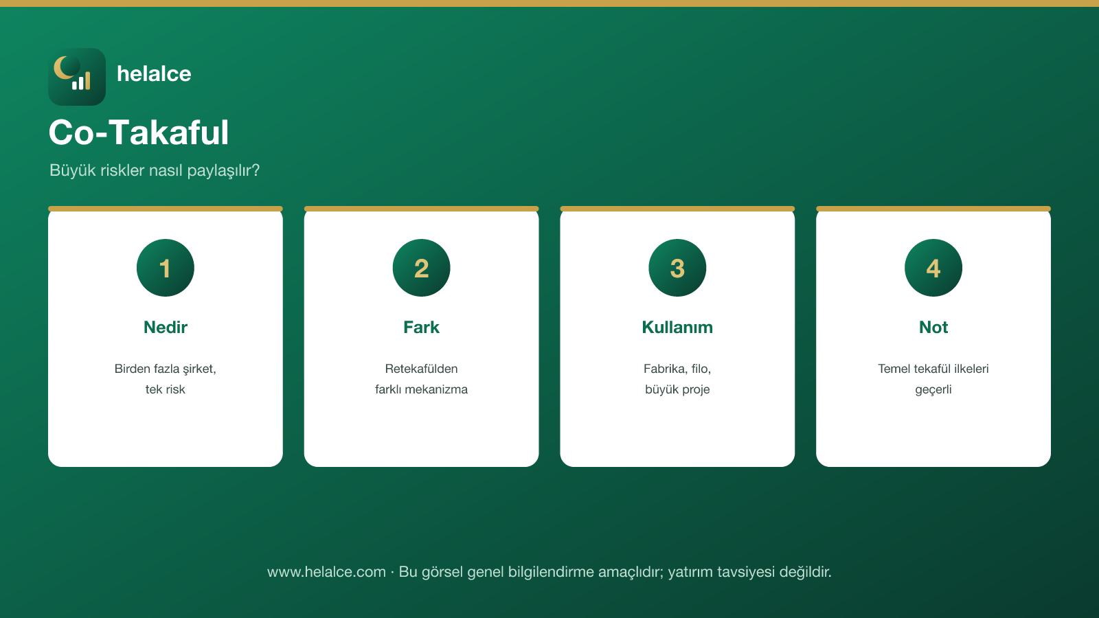 Co-takaful infografiği: birden fazla şirket paylaşımı, retekafül farkı, kullanım alanları, tekafül ilkeleri notu